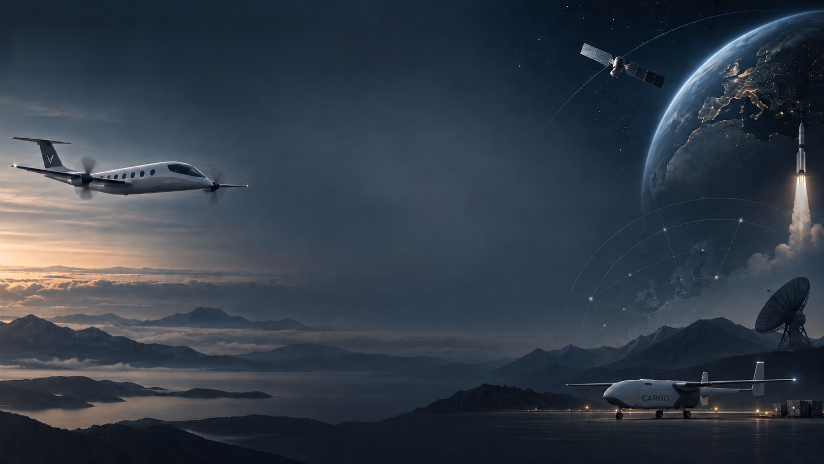 Electric aircraft, cargo drone, satellite and rocket above a mountain landscape at dusk